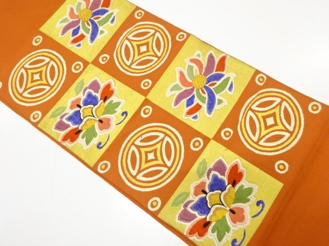 アンティーク　枡に牡丹・菊・七宝模様織り出し袋帯（材料）